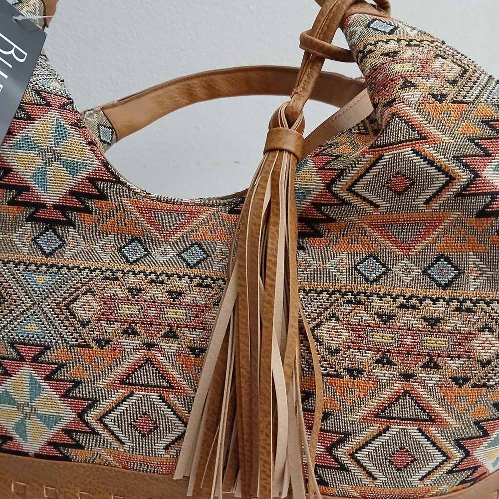 Tan Aztec-Pattern Tote with Tassel - Picture 4 of 7